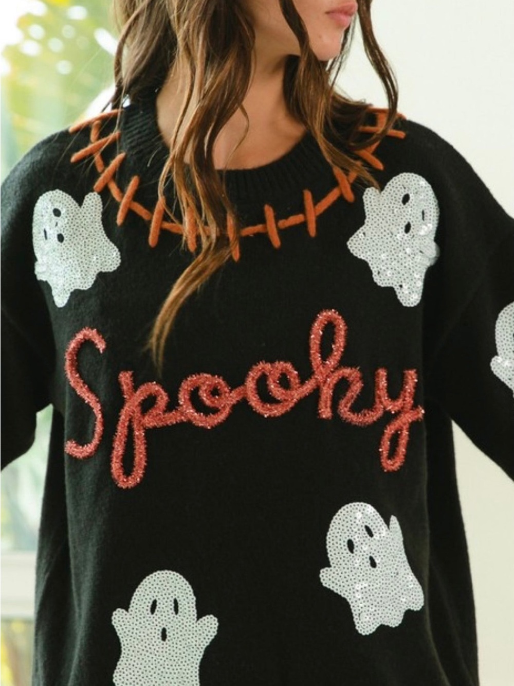 BiBi Black 'Spooky' Ghost Crewneck Sweater with Orange Stitching - Picture 3 of 4
